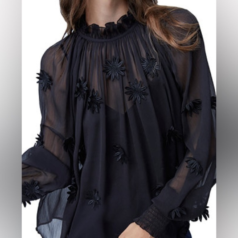 RARE French Connection Aziza Sheer Floral Embellished Top NWT XS Black